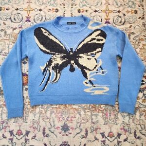 Shein Blue Knit Butterfly Women's Crop Sweater, size Medium